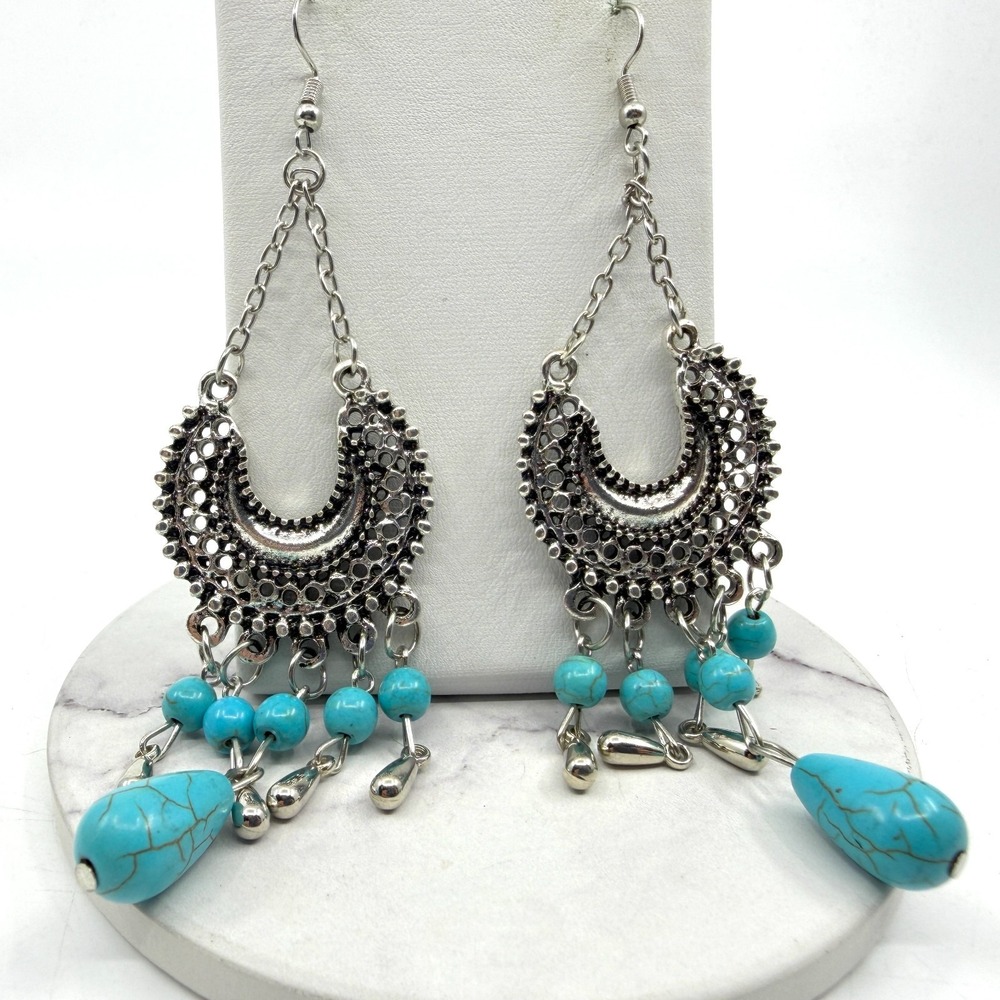 Boho Tribal Dangle Earrings Silver Tone Crescent Filigree Teardrop Statement